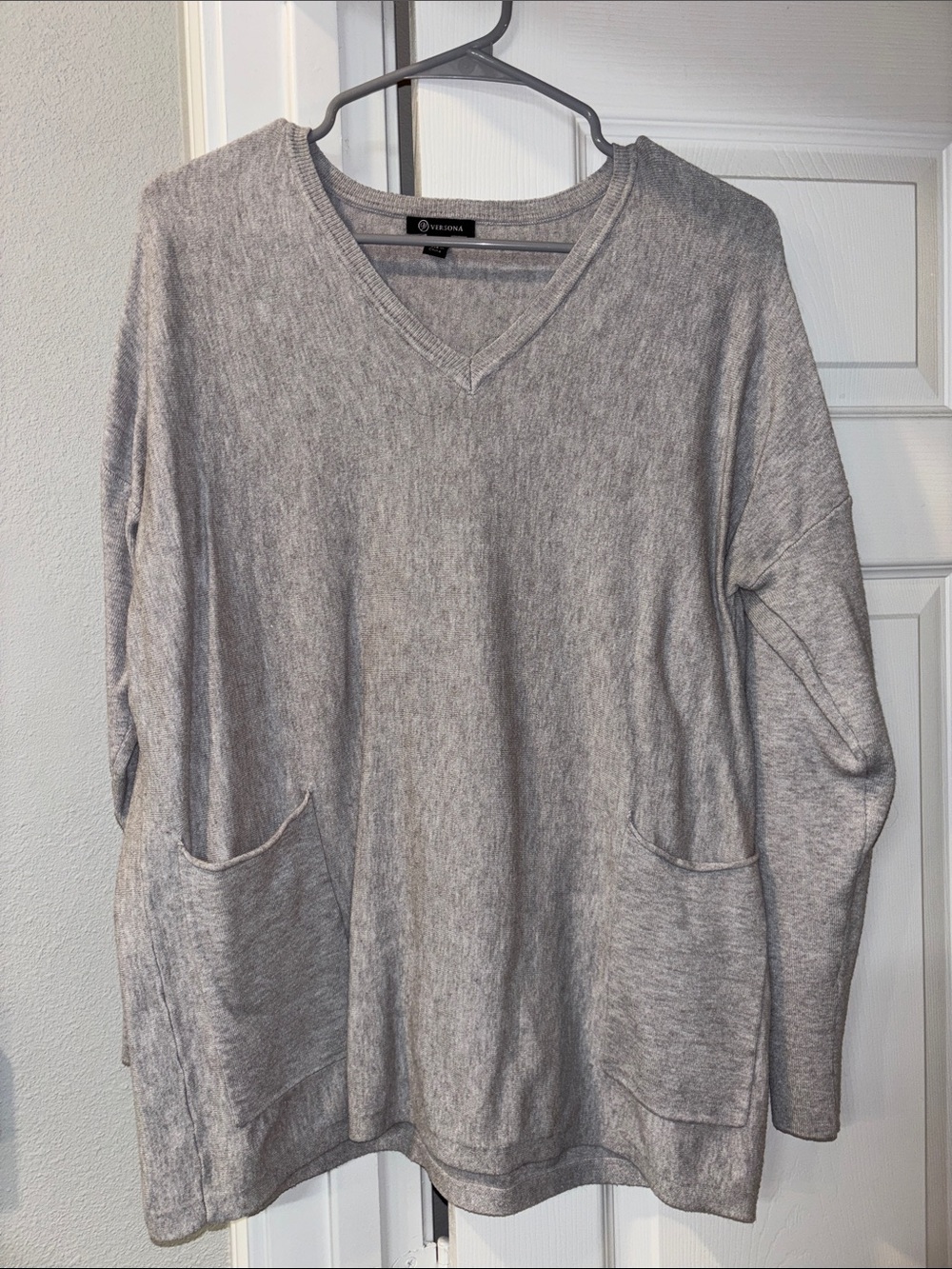 Versona Gray V-Neck Sweater with Front Pockets